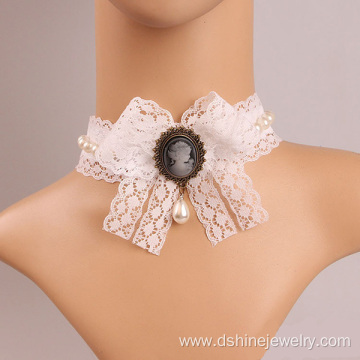 White Lace Bowknot Pearl Pendant Necklace
